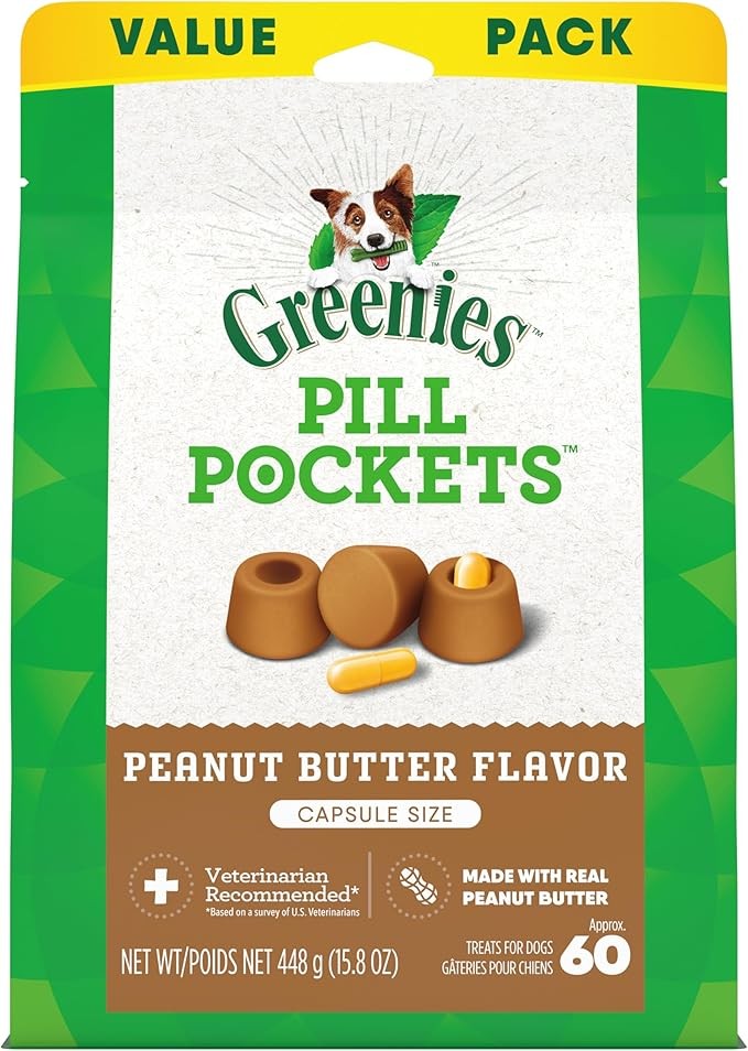 Greenies Pill Pockets for Dogs Large Size, Soft Dog Treats, with Real Peanut Butter, 15.8 oz. Pouch (60 Treats)